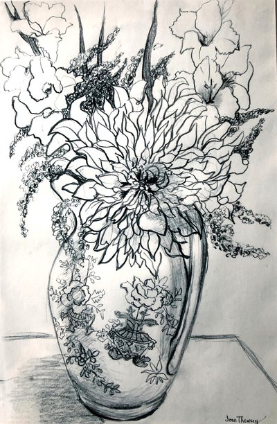 Dalie e gladioli in una brocca con motivo cinese da Joan Thewsey